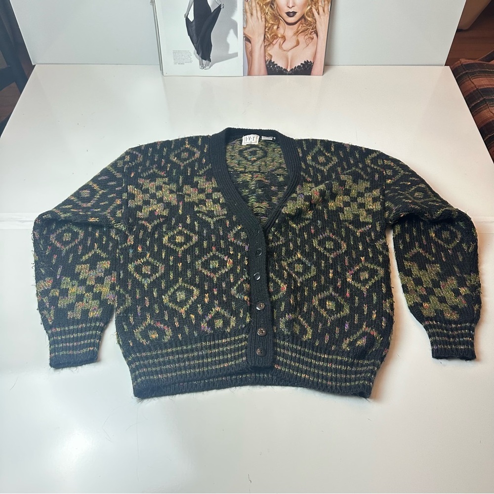 Vintage 90s IVY Nordic Geometric Cardigan Green Wool Blend Grandpa Sweater